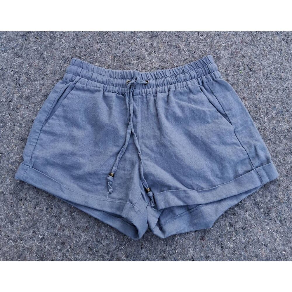 2 Bella womens small linen viscose blue shorts elastic waist drawstring